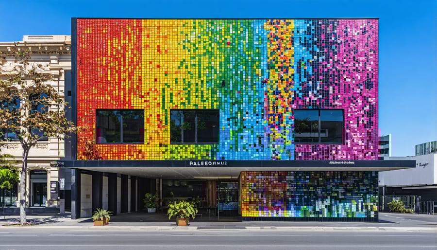 The Pixel Building Melbourne featuring its iconic multicolored panels and green design features