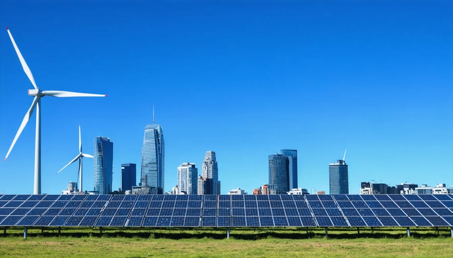 A conceptual image depicting a seamless integration of a corporate skyline with renewable energy elements, such as solar panels and wind turbines, symbolizing the collaboration between businesses and clean energy providers through Power Purchase Agreements in Australia.