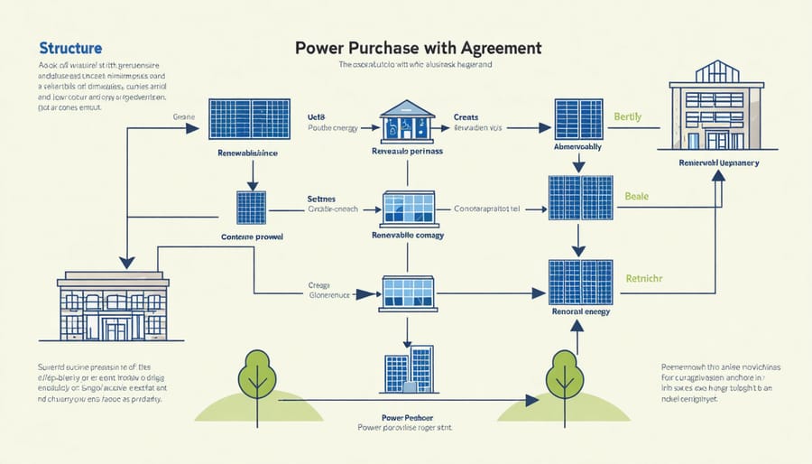 Diagram illustrating how Power Purchase Agreements work between businesses and renewable energy providers