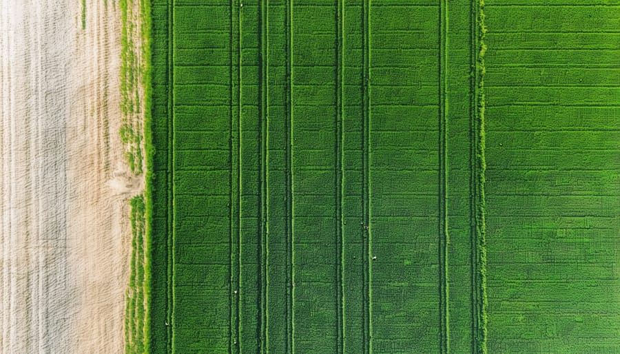 Aerial view of precision farming technology in action, showing different treatment zones in a field