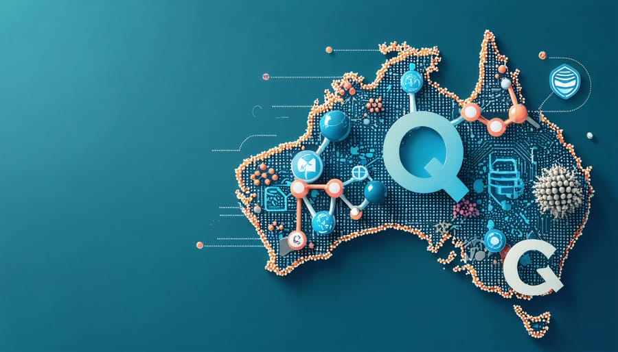 Conceptual illustration of q-carbon's unique atomic structure with themes of sustainability, innovation, and Australia's renewable energy efforts.