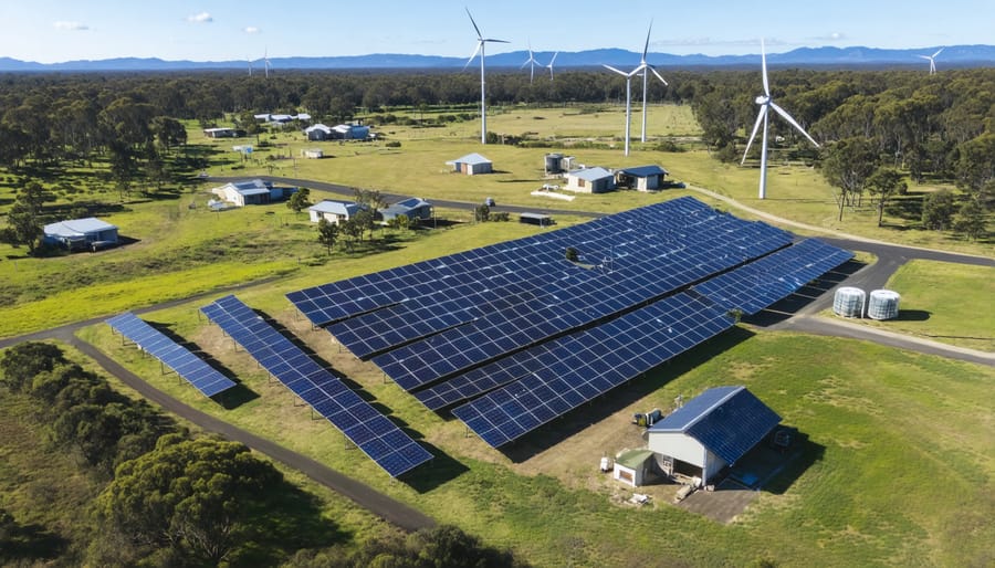 Bird's eye view of a decentralized energy network in rural Australia showing various renewable energy sources