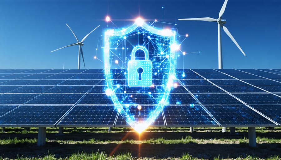 A conceptual illustration of solar panels and wind turbines enveloped by a digital shield with interconnected pathways, symbolizing protection through advanced cybersecurity in Australia's renewable energy landscape.
