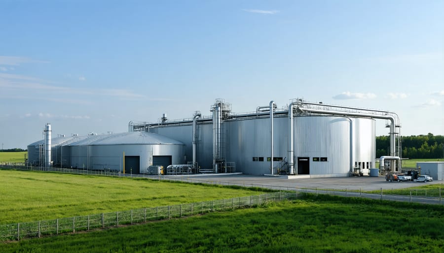 Industrial biogas plant with storage tanks and processing equipment at an Australian manufacturing facility
