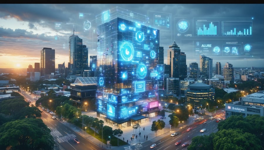 A conceptual representation of Australia's smart buildings, showcasing architectural innovation with green technology including solar panels, smart sensors, and energy management systems on Melbourne's Pixel Building, Sydney's EY Centre, and Brisbane's 480 Queen Street.