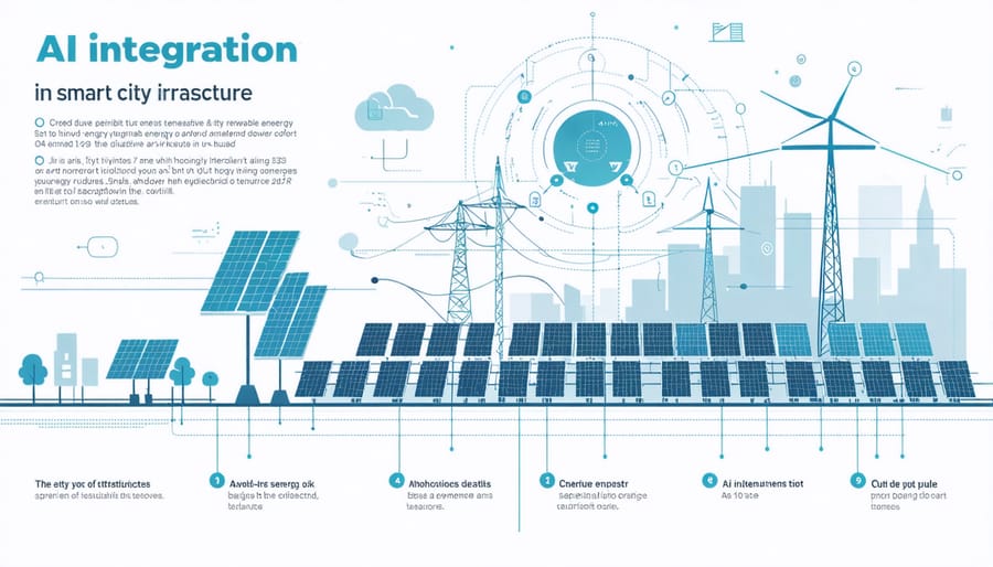 Detailed diagram of smart city showing renewable energy systems connected through AI