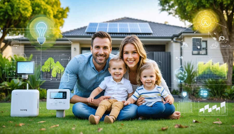 "Happy Australian family embracing smart energy choices, with smart meter, solar panels, and eco-friendly appliances, set in a sustainable suburban home."