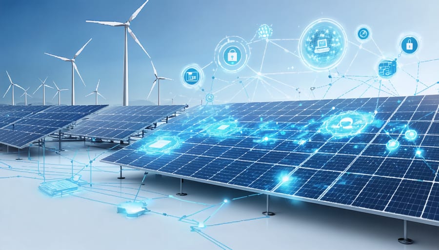 Conceptual illustration depicting the integration of renewable energy sources with digital technology in a smart energy system, showcasing connected solar panels, wind turbines, digital network overlay, and flow of energy data.