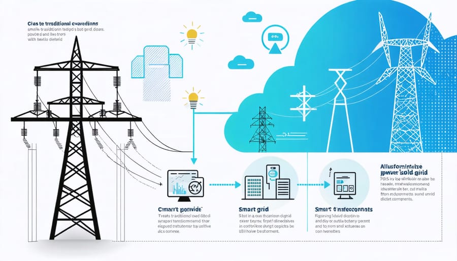 Visual comparison between traditional and smart energy grid systems with connected devices