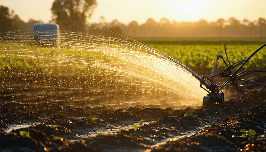 Modern drip irrigation system watering crops in an Australian agricultural field