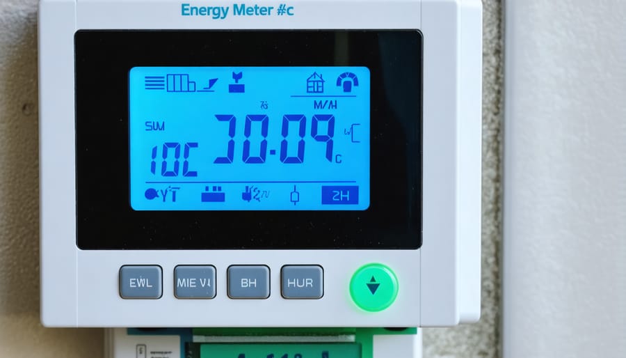 Digital smart meter displaying household energy usage and cost information