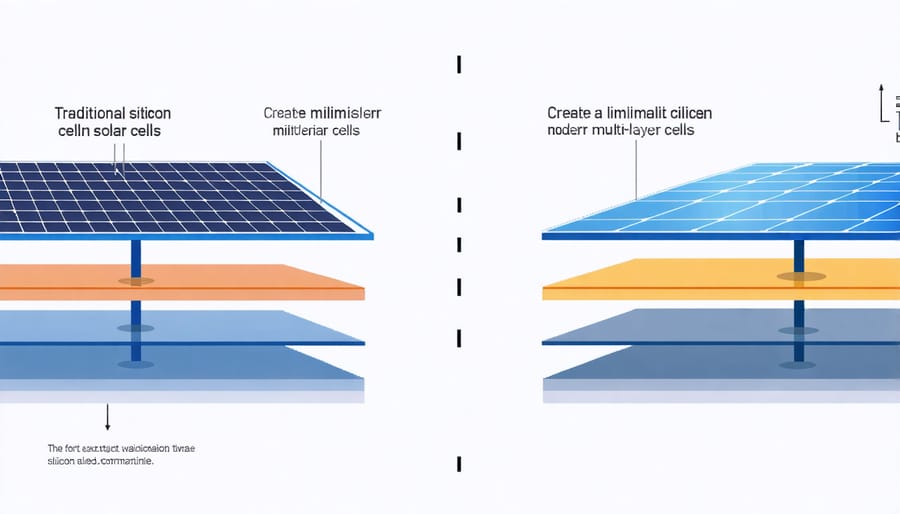 Technical illustration showing layers and components of different solar cell technologies
