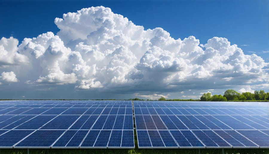 Visual representation of AI analyzing cloud movement patterns over solar panels