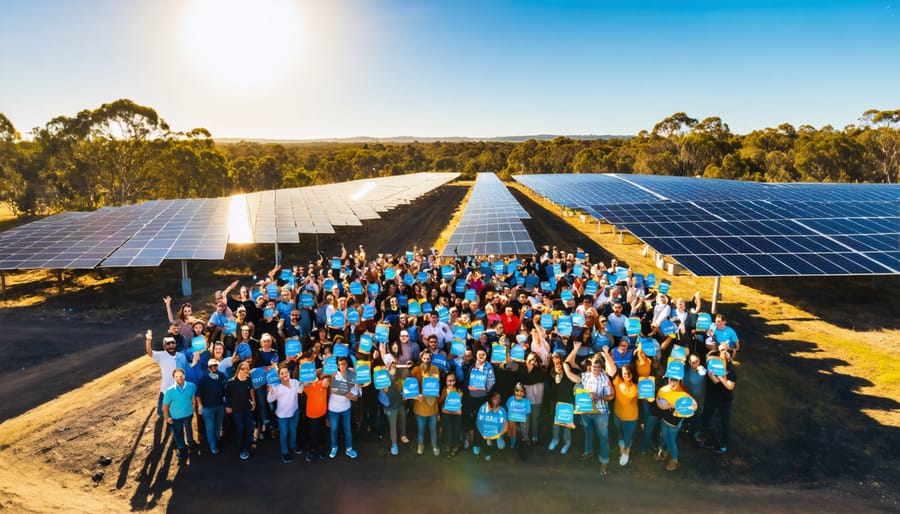 A diverse group of community members celebrating the launch of a solar farm funded through crowdfunding efforts in an Australian regional town, with solar panels visible in the background.