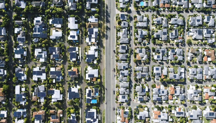 Aerial view contrasting solar panel adoption, showing vibrant solar-equipped suburb alongside a less vibrant lower-income neighborhood lacking renewable energy access.