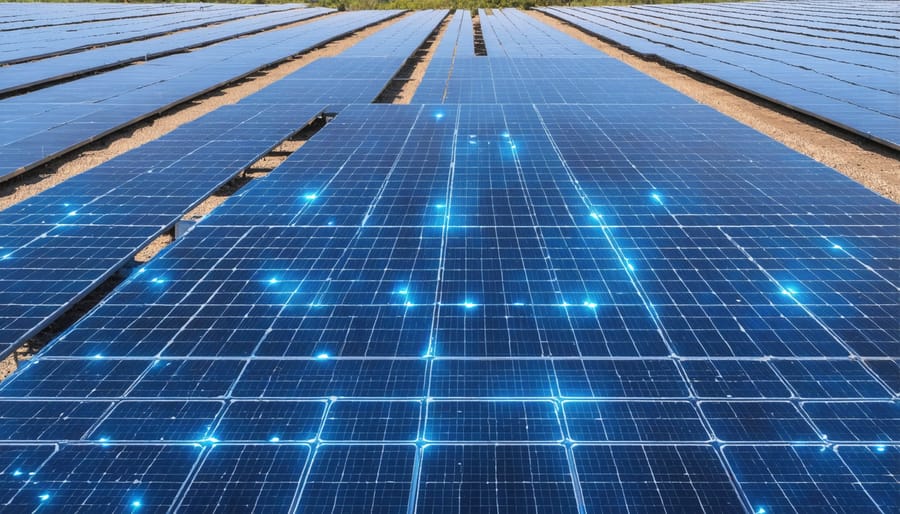 Aerial view of solar farm with AI thermal imaging highlighting maintenance needs