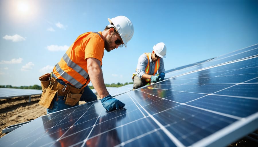 Team of workers installing solar panels at utility-scale solar facility