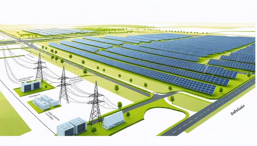 Infographic illustrating how utility-scale solar connects to energy storage and power grid