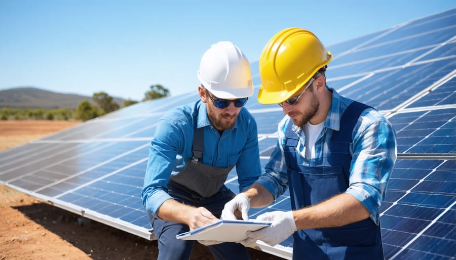 Experienced solar technician mentoring trainee at large-scale solar installation in rural Australia