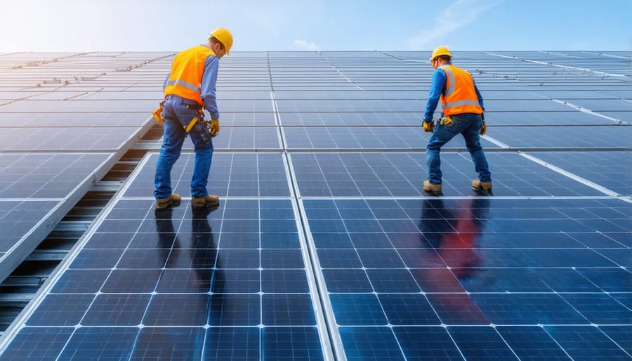 Professional installers mounting solar panels on an eco-friendly building with city skyline in background