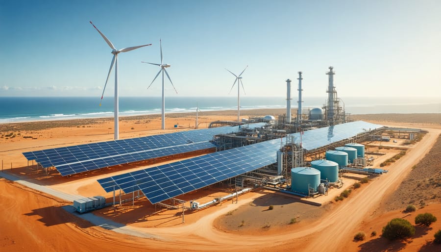 Conceptual illustration of solar panels and wind turbines powering a green hydrogen facility in Australia, signifying renewable energy integration for sustainable hydrogen production.