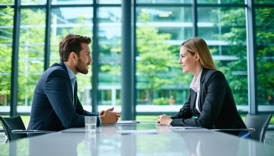 Environmental sustainability mentor and mentee having a discussion in an eco-friendly office setting