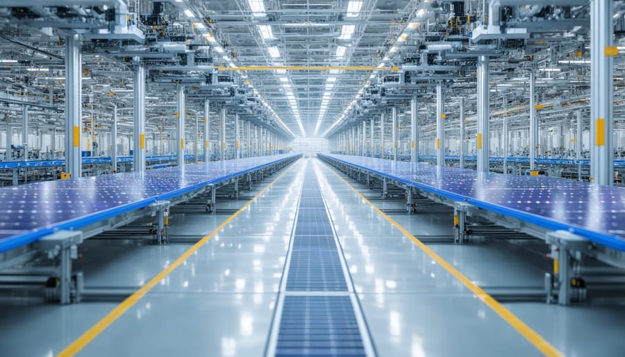 High-tech battery production facility with solar arrays visible on roof and robotics systems inside