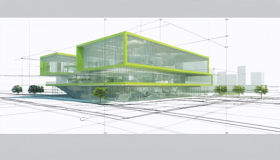 Computer screen displaying BIM software with green building systems highlighted