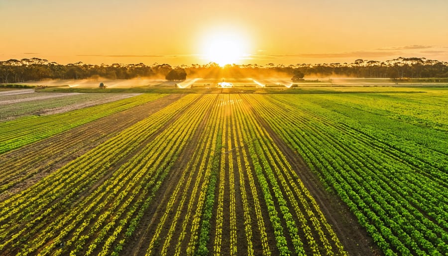 An Australian farm landscape featuring diverse crops, smart irrigation systems, and farmers utilizing sustainable farming practices under a colorful sunset sky.
