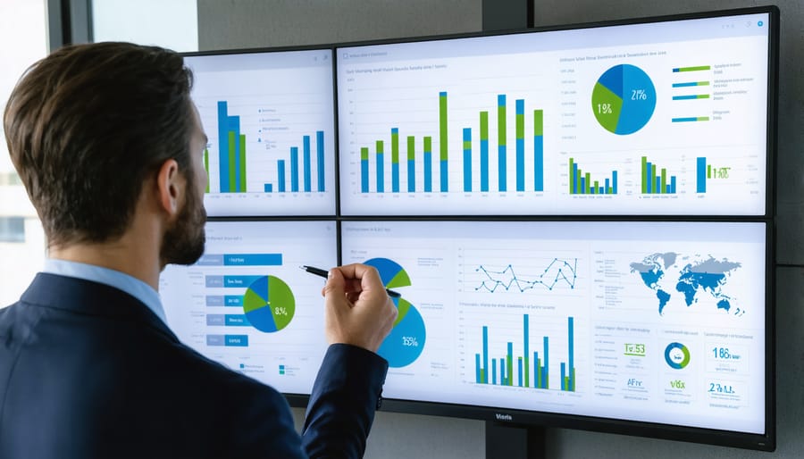 Investment professionals reviewing environmental impact and financial performance data