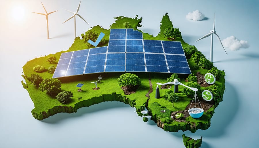 A conceptual illustration showing solar panels, wind turbines, and bioenergy plants integrated with a stylized Australian map, symbolizing the impact of sustainable investments on Australia's green future.