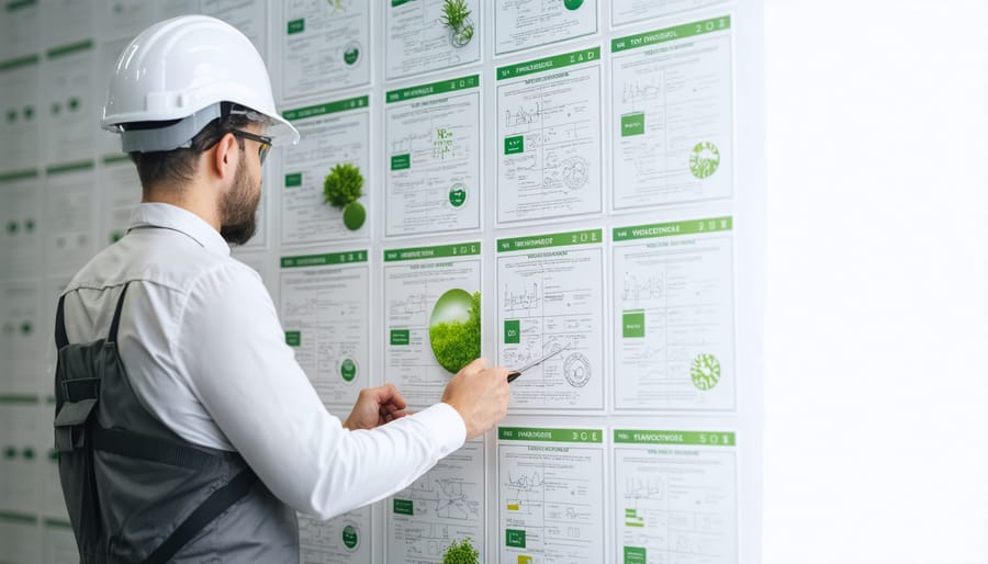 Construction professional inspecting sustainable building materials with green certification markings