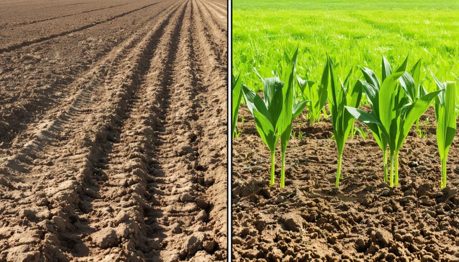 Side-by-side comparison showing the difference between tilled and no-till farming practices