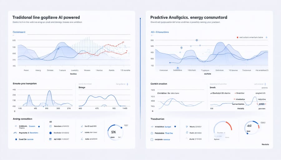 Split-screen comparison showing traditional energy forecasting methods versus modern ML-based approaches with interactive visualizations