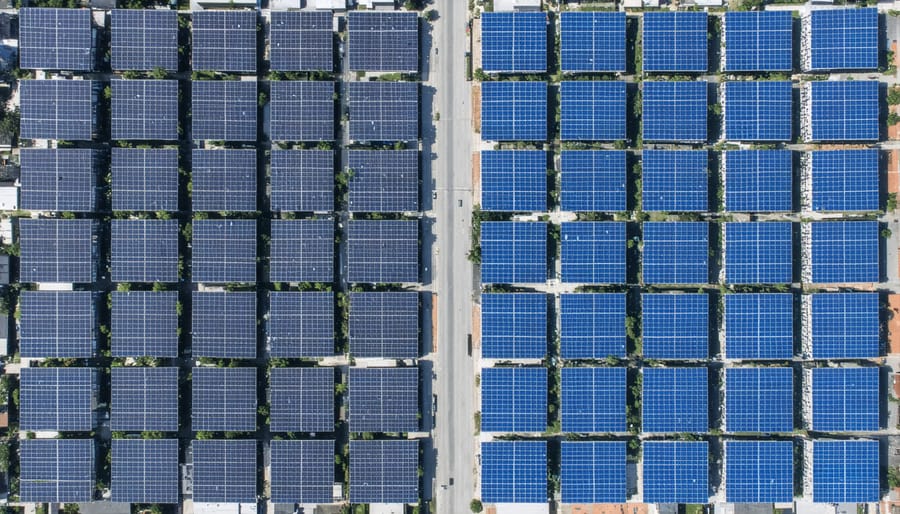 Aerial view showing contrasting solar panel adoption between affluent and disadvantaged neighborhoods