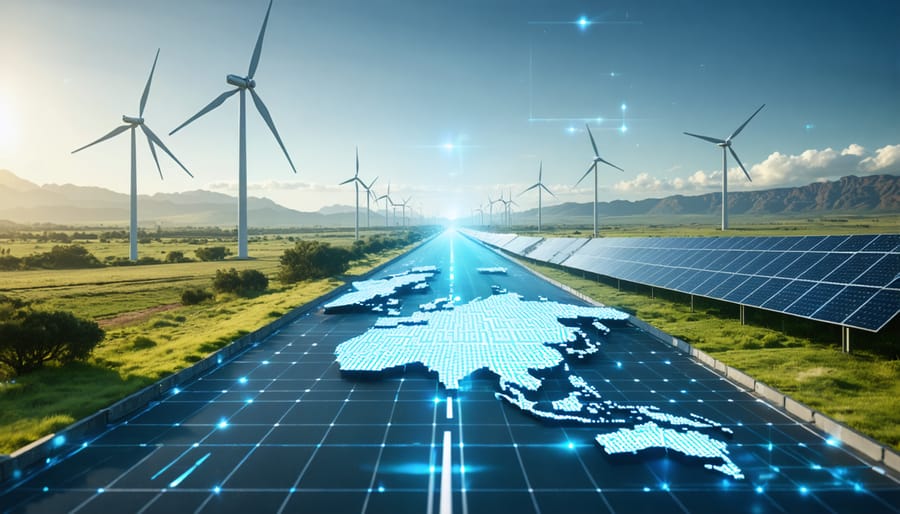 Conceptual image of energy policy innovation bridging the United States and Australia, featuring wind turbines and solar panels connected by a symbolic energy grid.