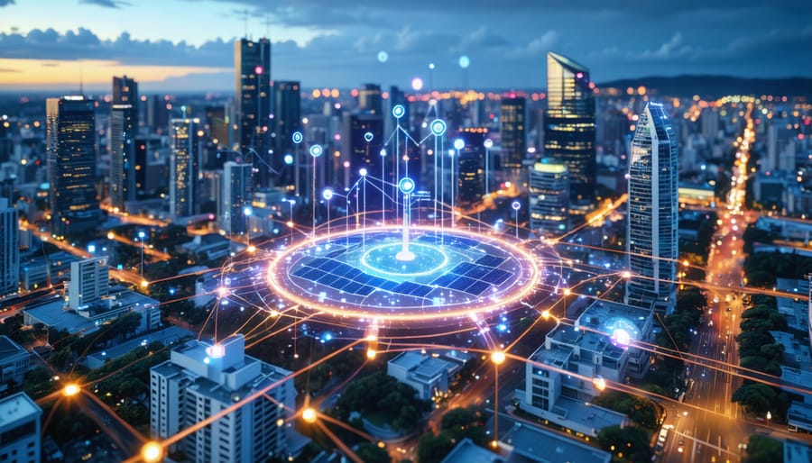 Conceptual illustration of a future Australian city powered by 5G smart meters, showing seamless connectivity between buildings, solar panels, and a central energy grid.