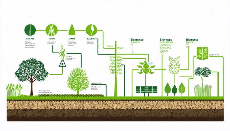 Industrial facility converting agricultural waste into bioenergy with process flow visualization