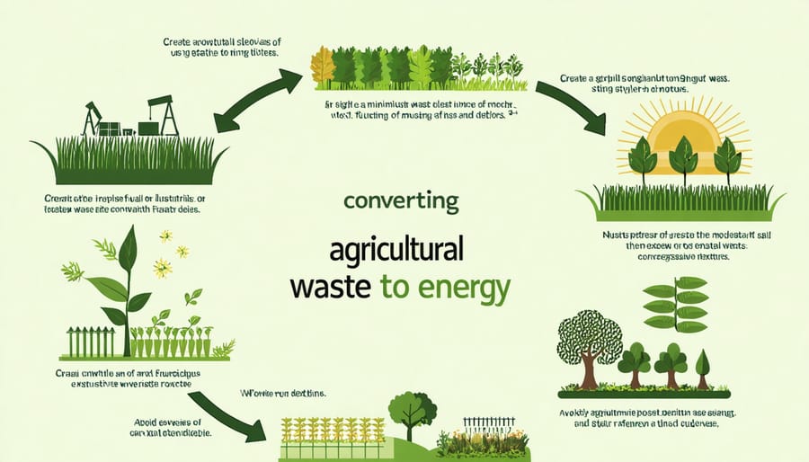 Diagram illustrating the conversion process from agricultural waste to renewable energy