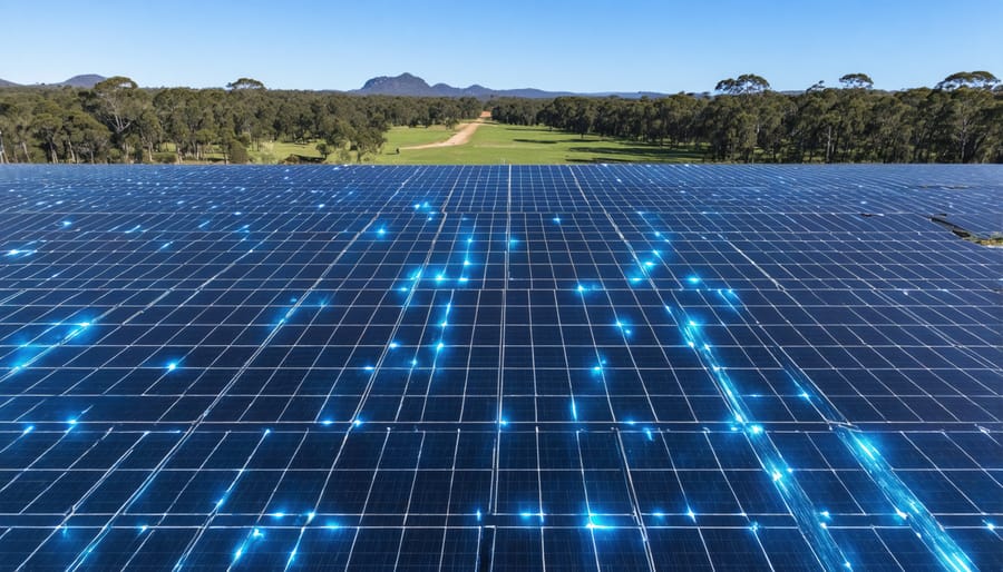 Large-scale solar installation with digital overlay highlighting AI-managed solar panel clusters