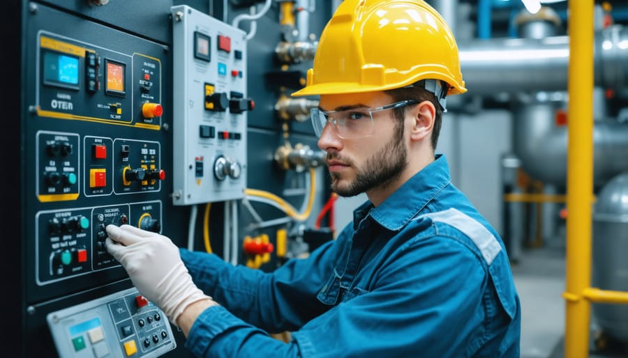 Young apprentice learning to operate power plant control panels with experienced mentor