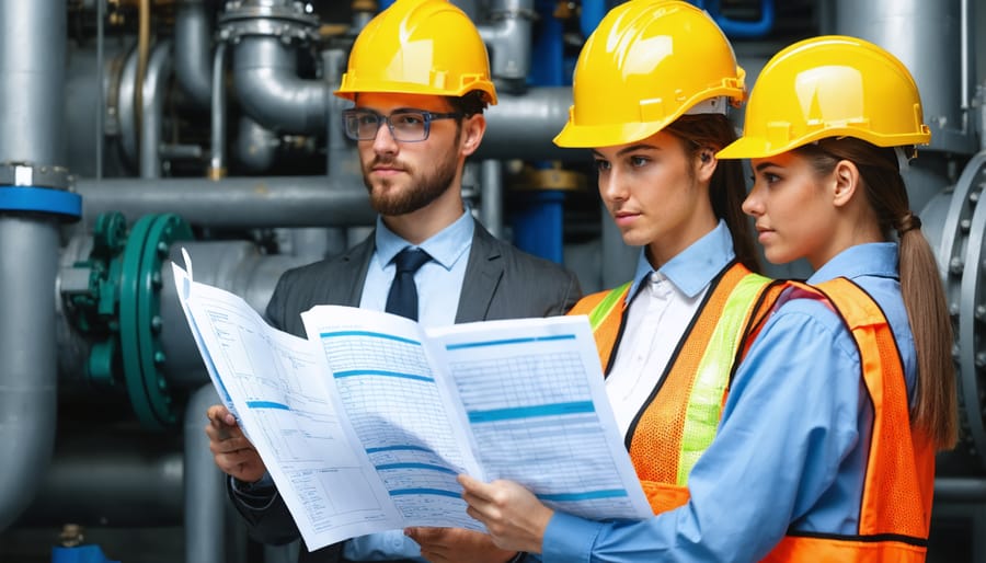 Diverse group of apprentices wearing PPE while inspecting industrial machinery