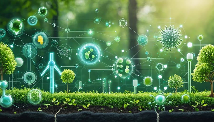 An artistic representation highlighting different types of bio-regulators, including enzymes, microbes, chemical catalysts, and smart systems within Australia's bioenergy framework. The image includes digital lines symbolizing technological integration against a renewable energy scene.
