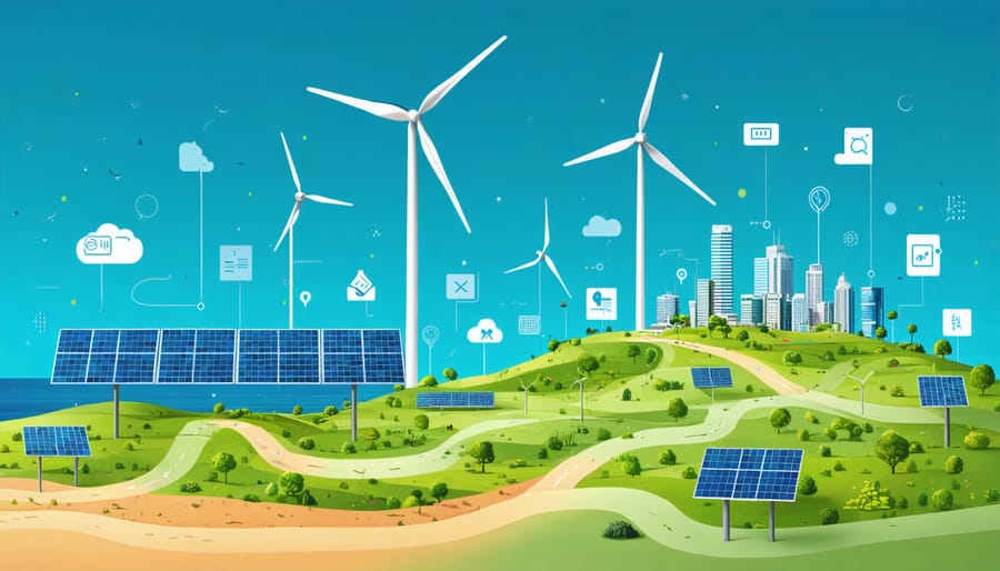 Visualization of Australia's renewable energy landscape powered by diverse financial streams, including wind turbines, solar panels, and symbols of innovative funding models representing the transition to a sustainable future.