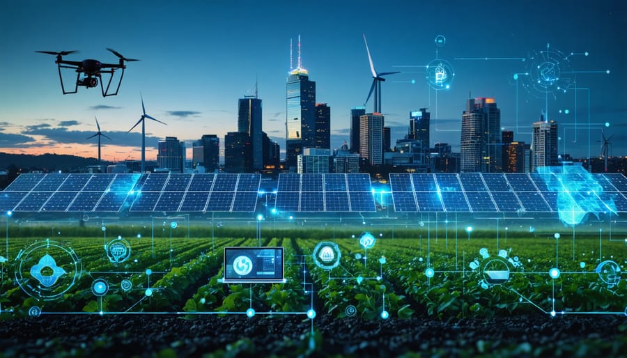 Illustration of an Australian city integrating solar-powered skyscrapers, smart wind turbines, and precision agriculture, symbolizing the digital energy revolution and green innovation across urban and rural areas.
