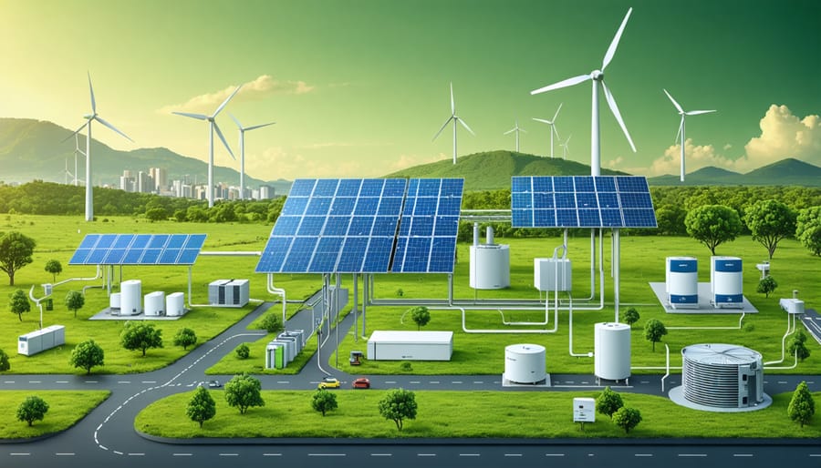 Conceptual illustration of Australia's renewable energy landscape, depicting solar panels, wind turbines, and advanced storage systems like flow batteries and thermal storage, seamlessly integrated across varied terrains.