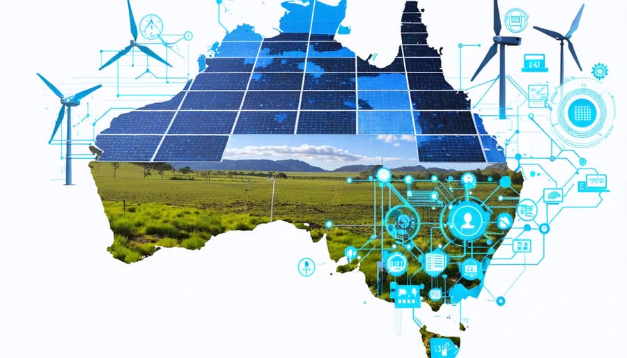 An artistic representation of interconnected solar panels and wind turbines communicating with a smart grid system, symbolizing Australia's pursuit of a cohesive renewable energy network with digital interoperability.