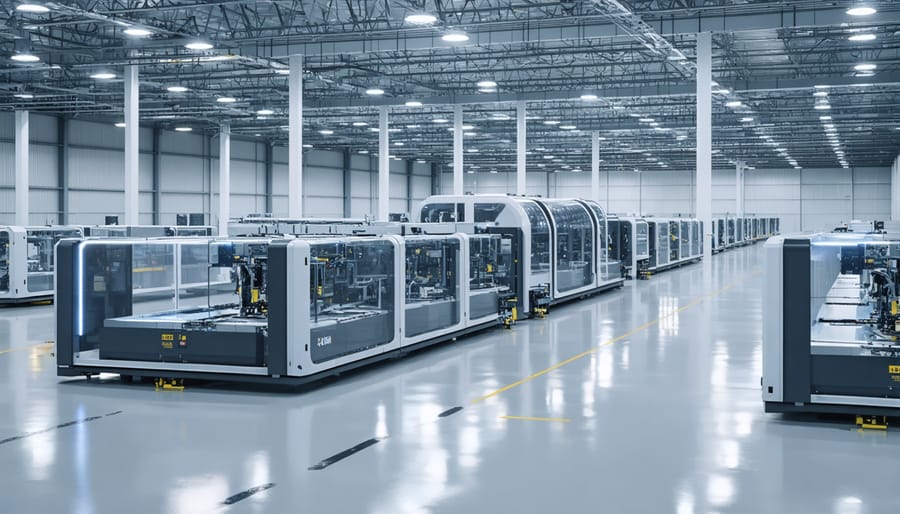 High-tech Australian manufacturing facility producing solid-state batteries, featuring advanced robotic assembly lines and renewable energy elements like solar panels and wind turbines.