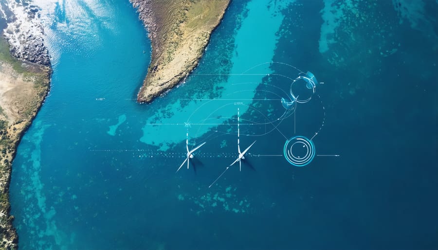 Aerial view of Australia's river and tidal systems illustrating hydrokinetic turbines harnessing clean energy, symbolizing the country's sustainable future through innovative water-based technology.