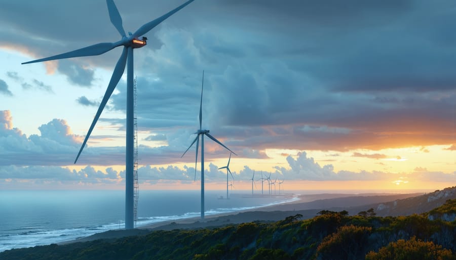 A scenic sunrise view of 6MW wind turbines lining the Australian coast, illustrating their towering presence and contribution to renewable energy with vibrant waves and a colorful sky in the background.